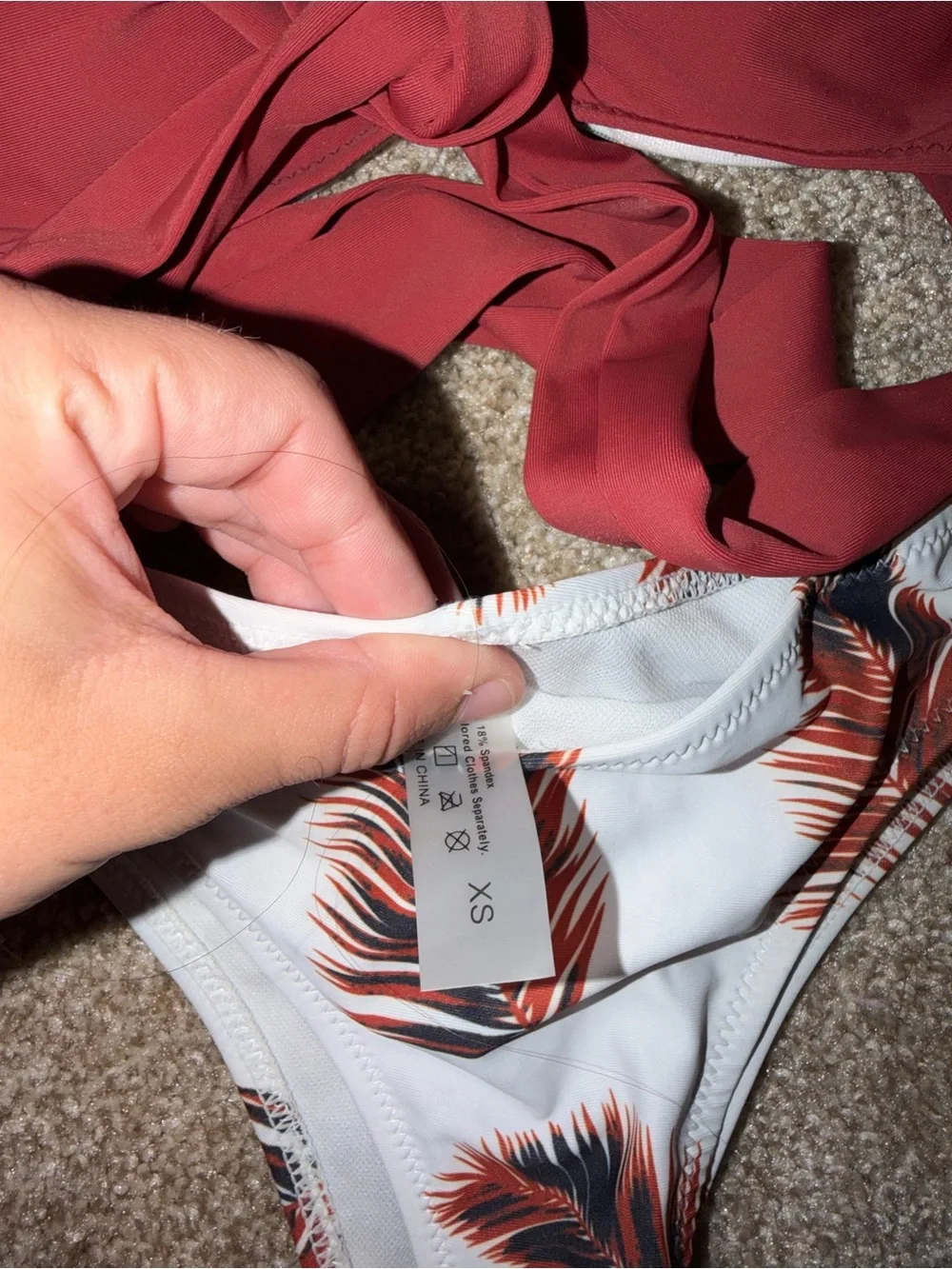 SHEIN Red Tie-Front Bikini Top with White Palm-Print Bottoms